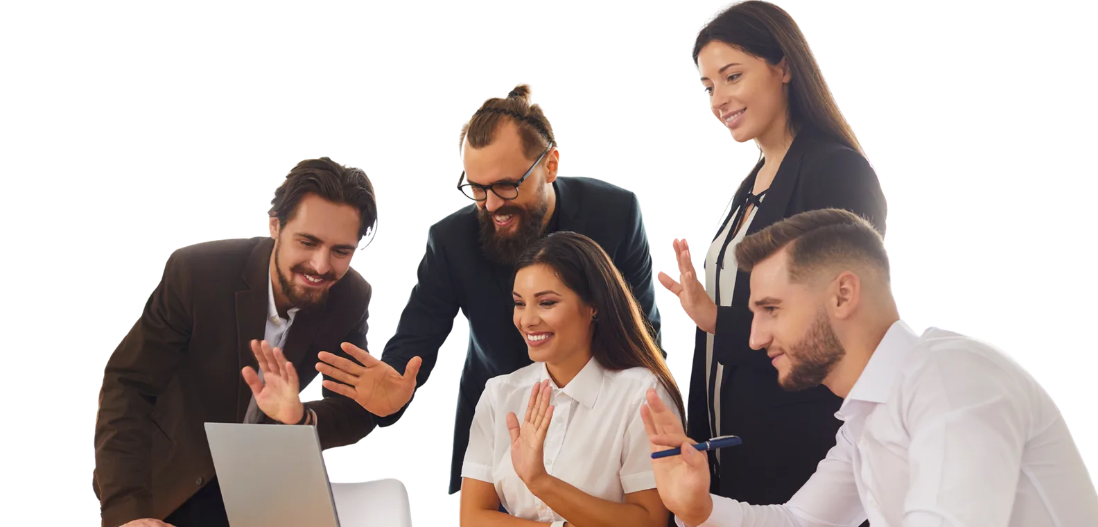 A team of colleagues celebrating together around a laptop